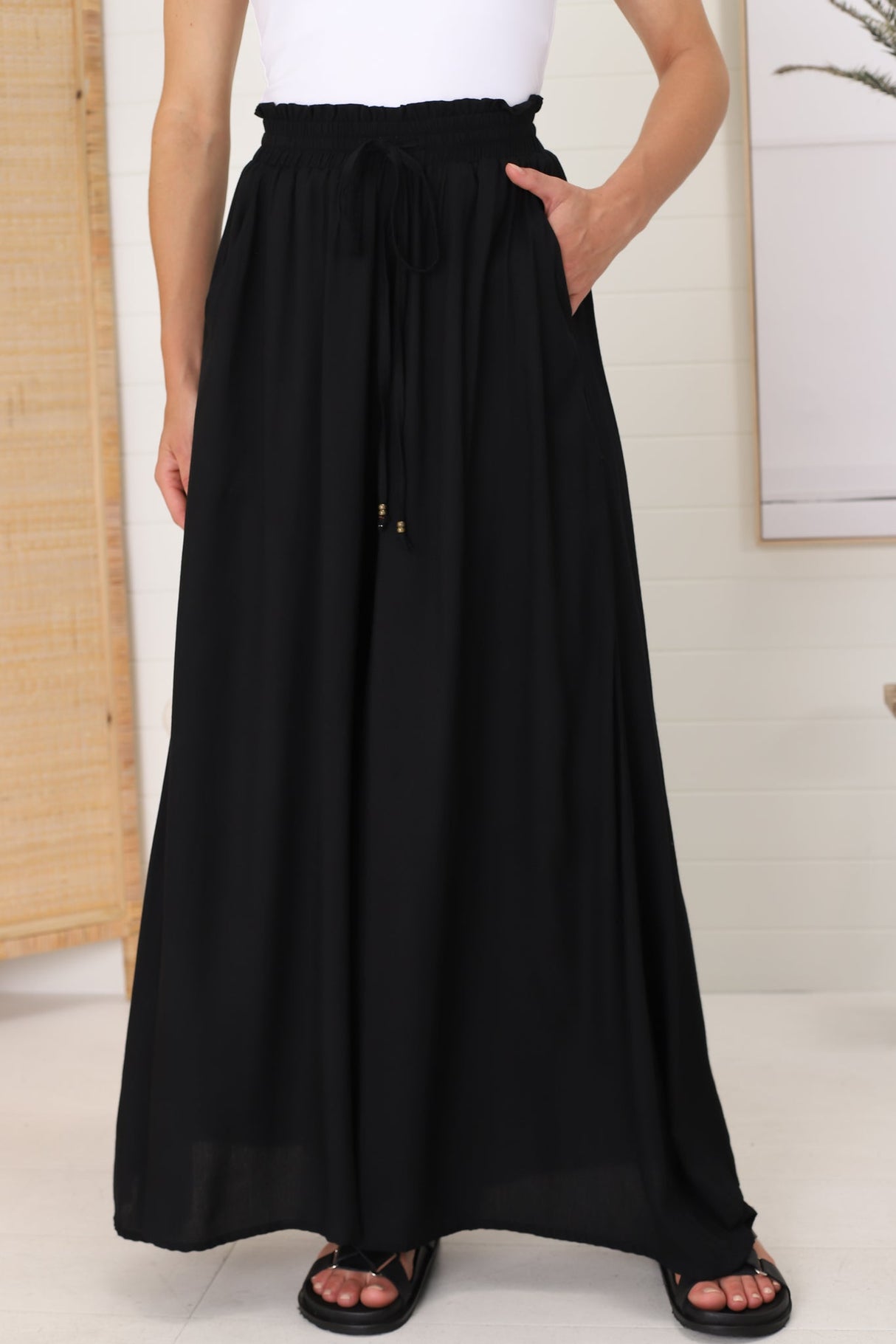 Charli Pants - Paper Bag High Waisted Wide Leg Pants in Black