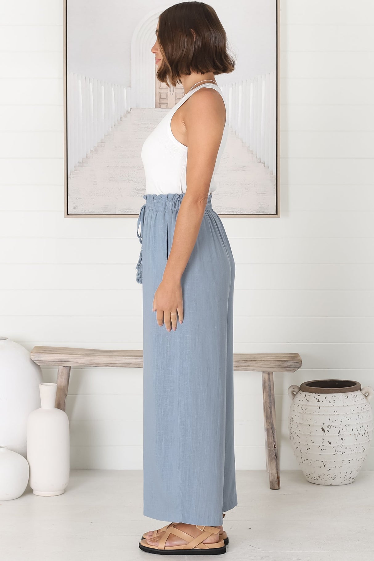 Levelle Pants - Linen Blend Paper Bag Waist with Drawstring Wide Leg Pants with Pockets in Cloudy Blue