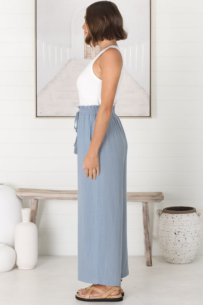 Levelle Pants - Linen Blend Paperpag Waist with Drawstring Wide Leg Pants with Pockets in Cloudy Blue
