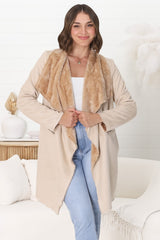 Devenish Jacket - Faux Fur Lined Suede-Like Waterfall Jacket in Beige