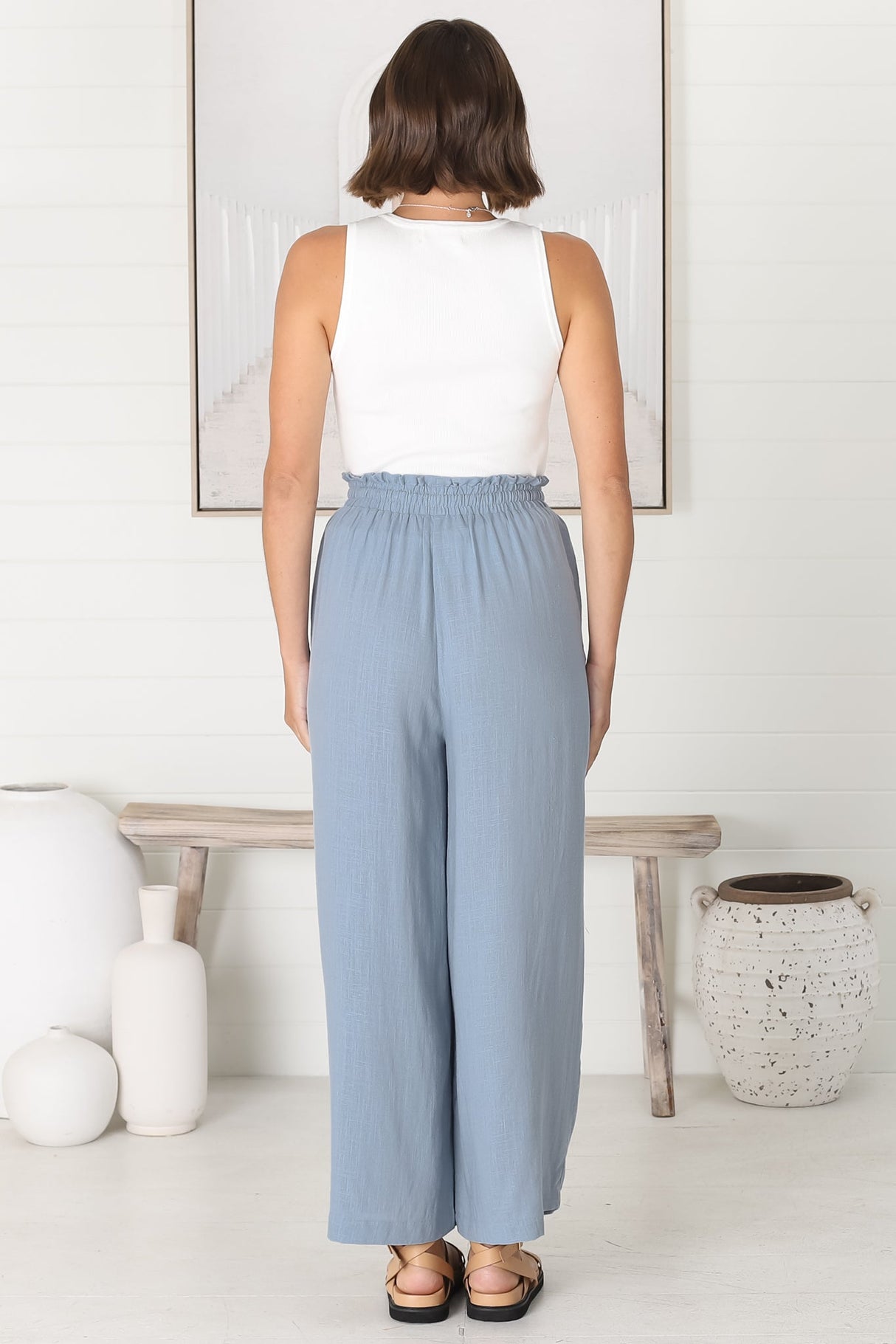 Levelle Pants - Linen Blend Paper Bag Waist with Drawstring Wide Leg Pants with Pockets in Cloudy Blue