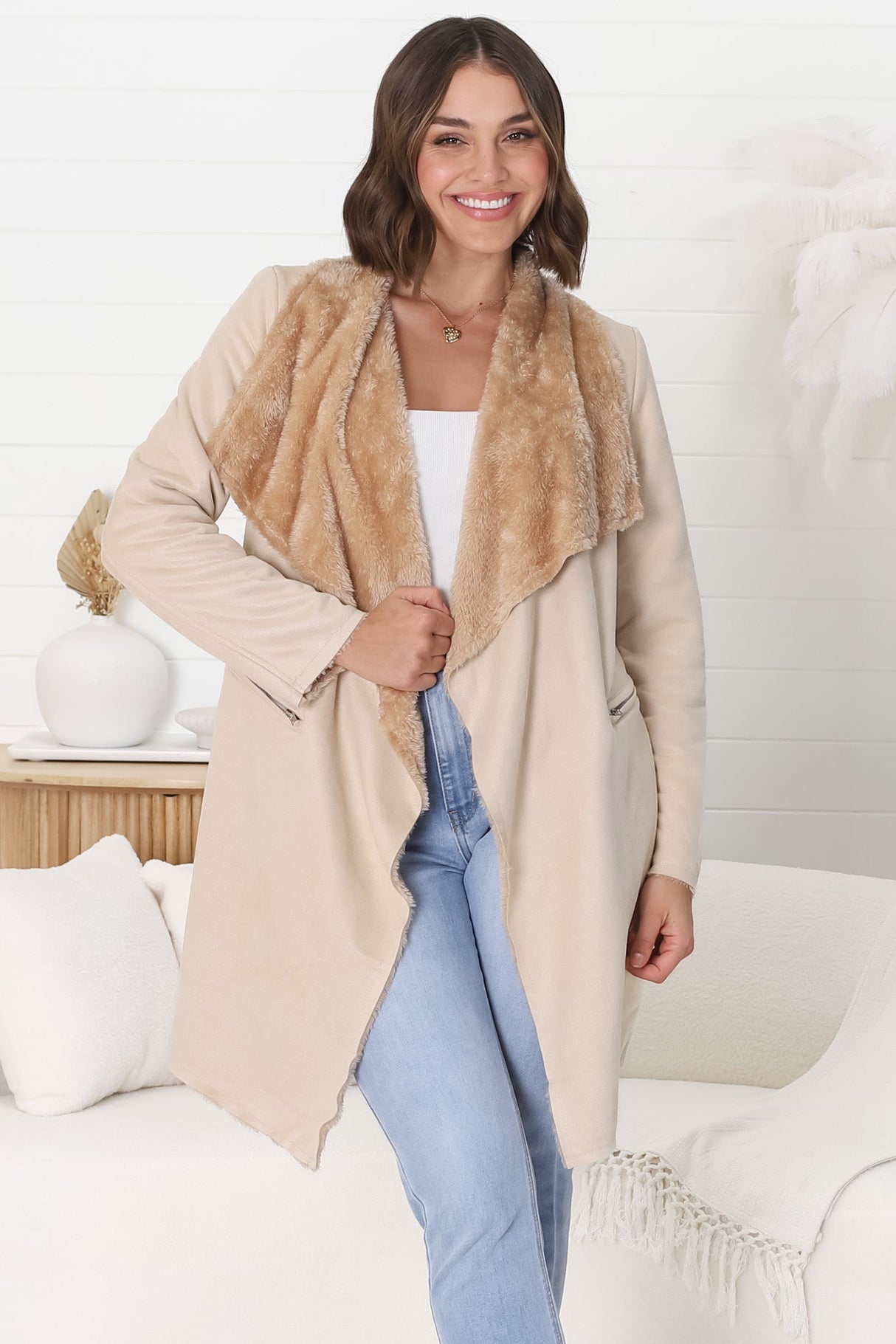 Devenish Jacket - Faux Fur Lined Suede-Like Waterfall Jacket in Beige