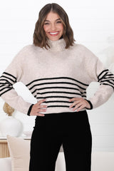 Emmett Jumper - Turtle Neck Stripe Pull Over Jumper with Stripes in Oat Marle