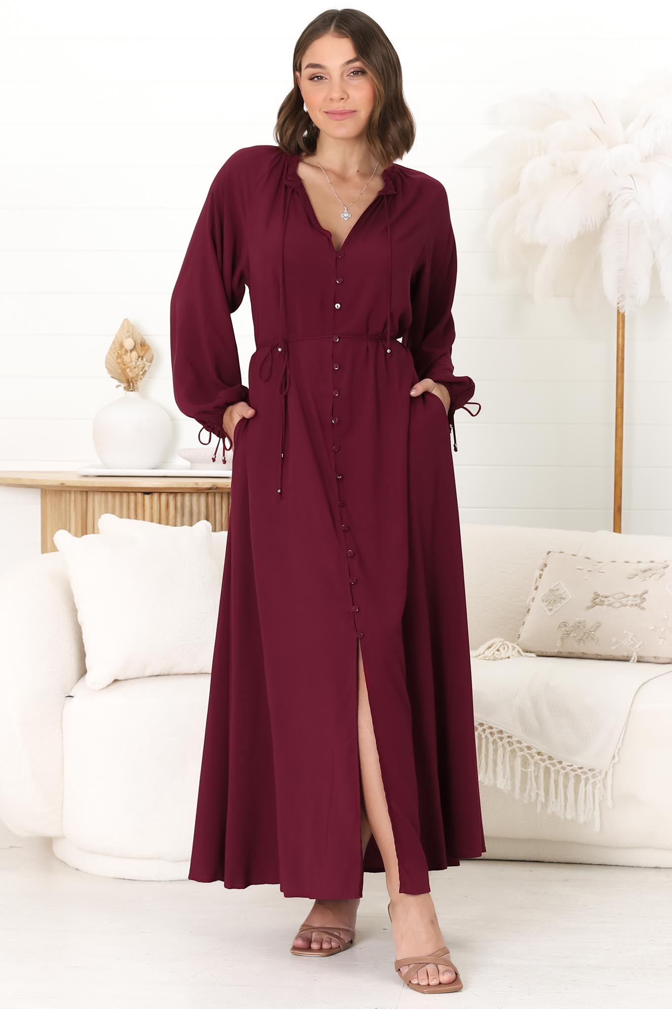 Amelie Maxi Dress - Frill Collar Button Through Dress with Waist Tie in Wine