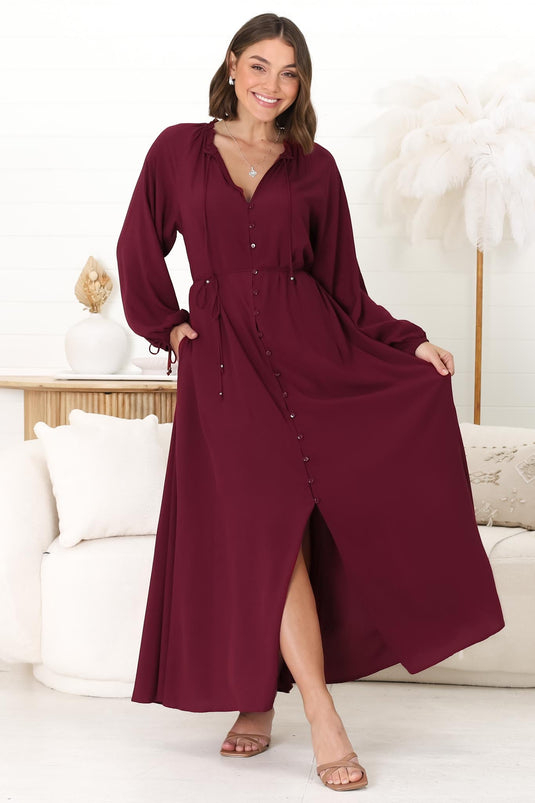 Amelie Maxi Dress - Frill Collar Button Through Dress with Waist Tie in Wine