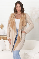 Devenish Jacket - Faux Fur Lined Suede-Like Waterfall Jacket in Beige