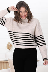 Emmett Jumper - Turtle Neck Stripe Pull Over Jumper with Stripes in Oat Marle