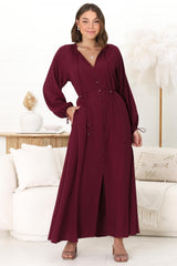 Amelie Maxi Dress - Frill Collar Button Through Dress with Waist Tie in Wine