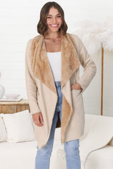 Devenish Jacket - Faux Fur Lined Suede-Like Waterfall Jacket in Beige