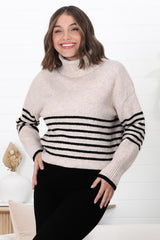 Emmett Jumper - Turtle Neck Stripe Pull Over Jumper with Stripes in Oat Marle