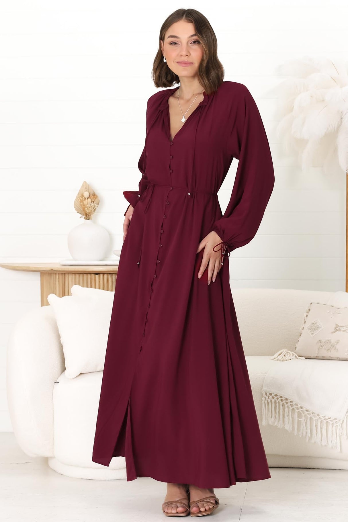 Amelie Maxi Dress - Frill Collar Button Through Dress with Waist Tie in Wine