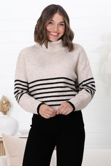 Emmett Jumper - Turtle Neck Stripe Pull Over Jumper with Stripes in Oat Marle