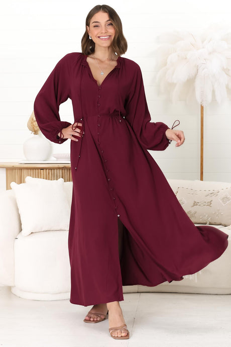 Amelie Maxi Dress - Frill Collar Button Through Dress with Waist Tie in Wine