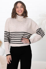 Emmett Jumper - Turtle Neck Stripe Pull Over Jumper with Stripes in Oat Marle