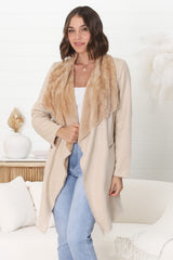 Devenish Jacket - Faux Fur Lined Suede-Like Waterfall Jacket in Beige