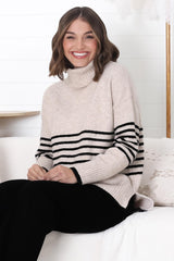 Emmett Jumper - Turtle Neck Stripe Pull Over Jumper with Stripes in Oat Marle