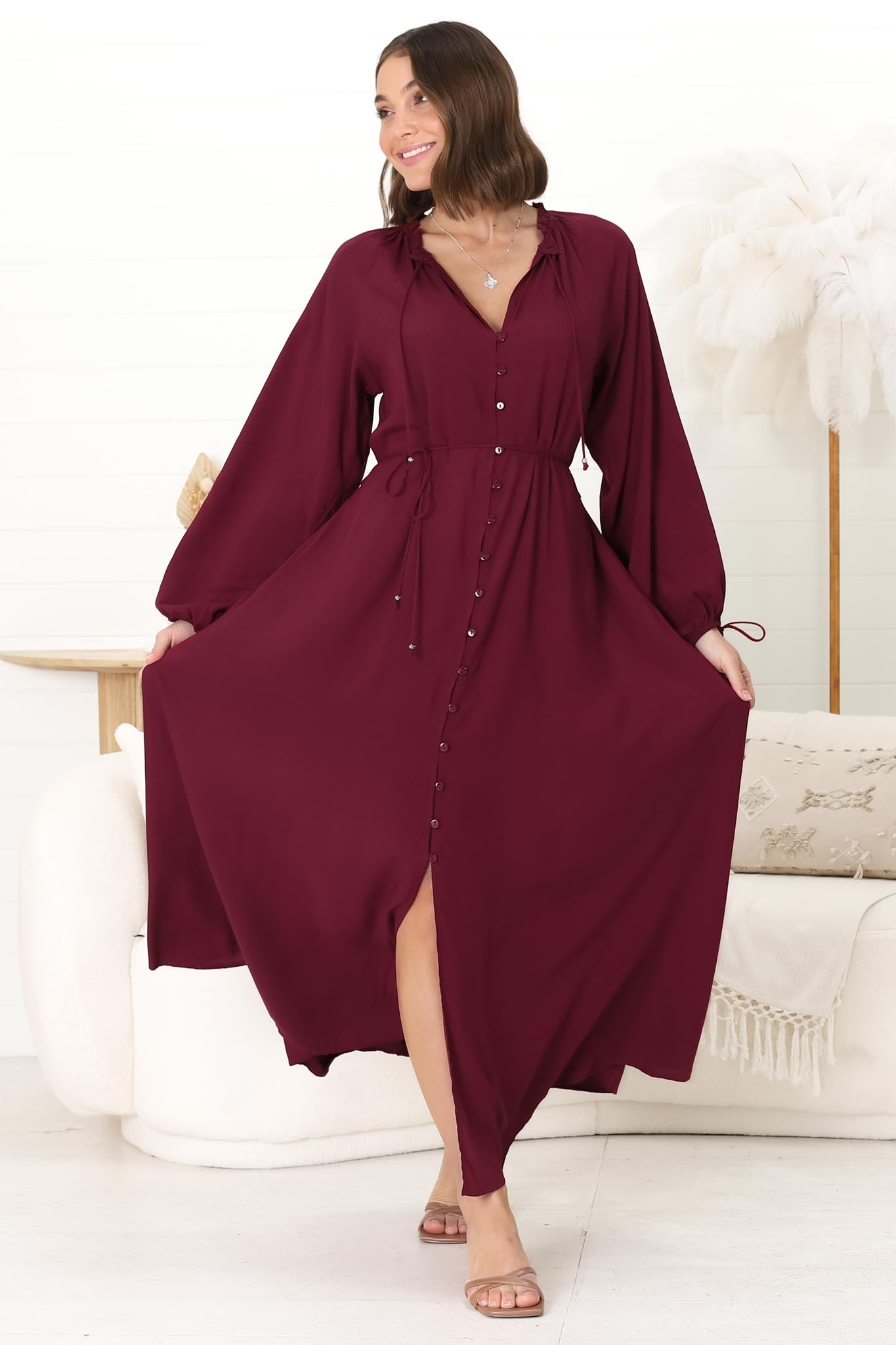 Amelie Maxi Dress - Frill Collar Button Through Dress with Waist Tie in Wine