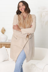 Devenish Jacket - Faux Fur Lined Suede-Like Waterfall Jacket in Beige