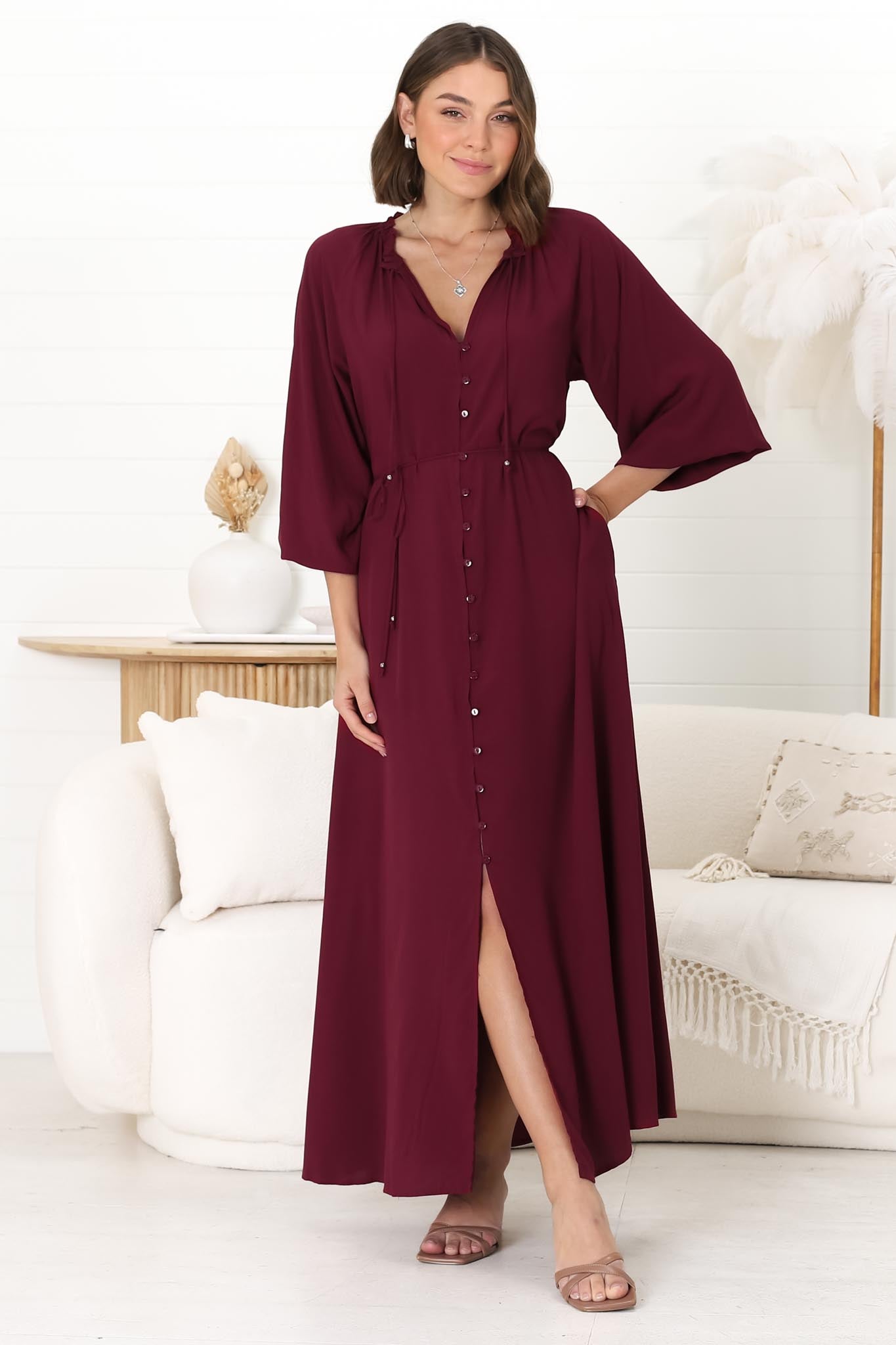 Amelie Maxi Dress - Frill Collar Button Through Dress with Waist Tie in Wine