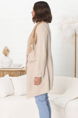 Devenish Jacket - Faux Fur Lined Suede-Like Waterfall Jacket in Beige