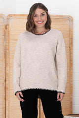 Kindra Jumper - Crew Neck Pull Over Jumper with Contrast Stitching in Oat Marle