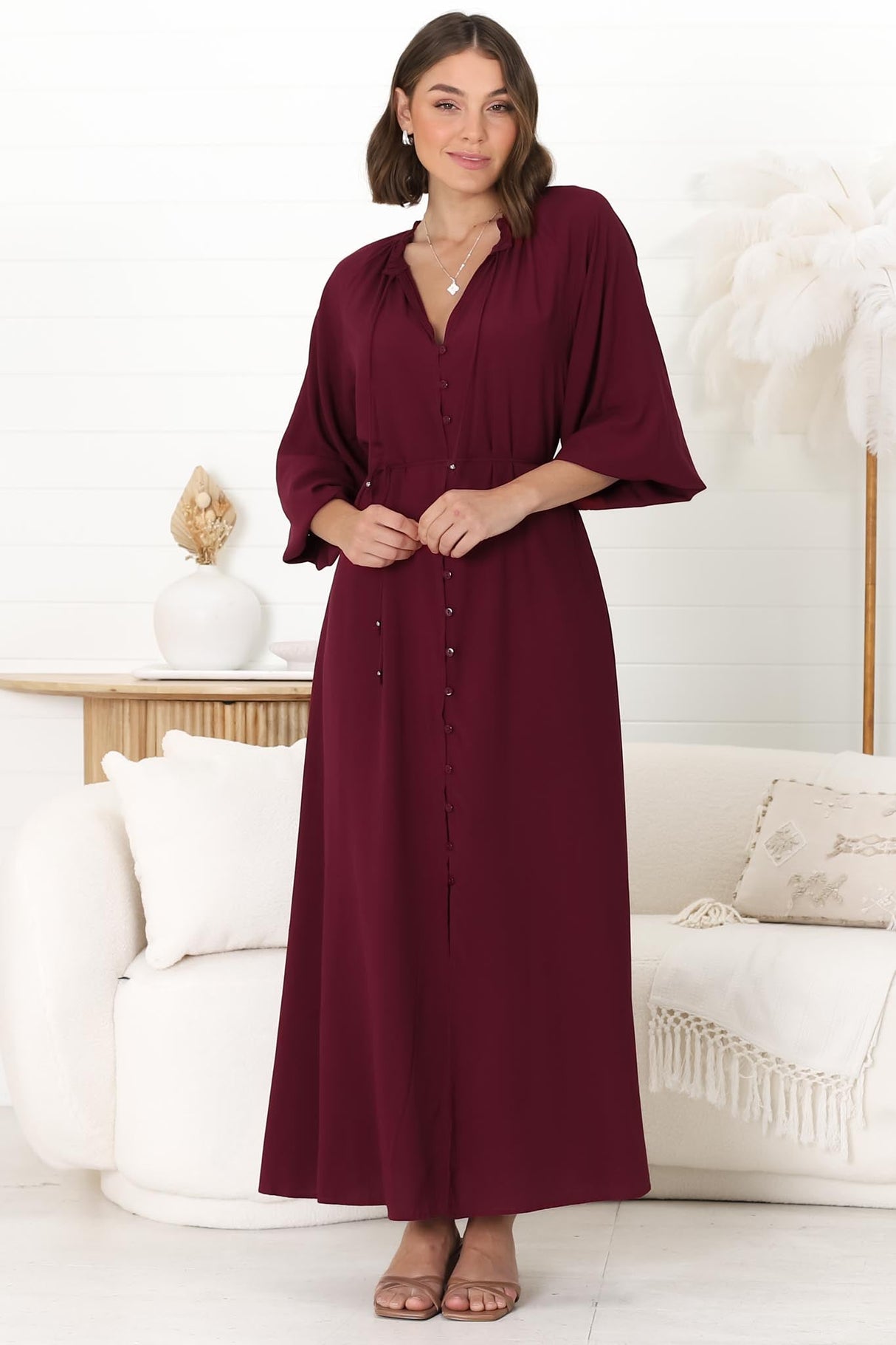 Amelie Maxi Dress - Frill Collar Button Through Dress with Waist Tie in Wine