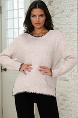 Kindra Jumper - Crew Neck Pull Over with Contrast Stitching in Oat Marle