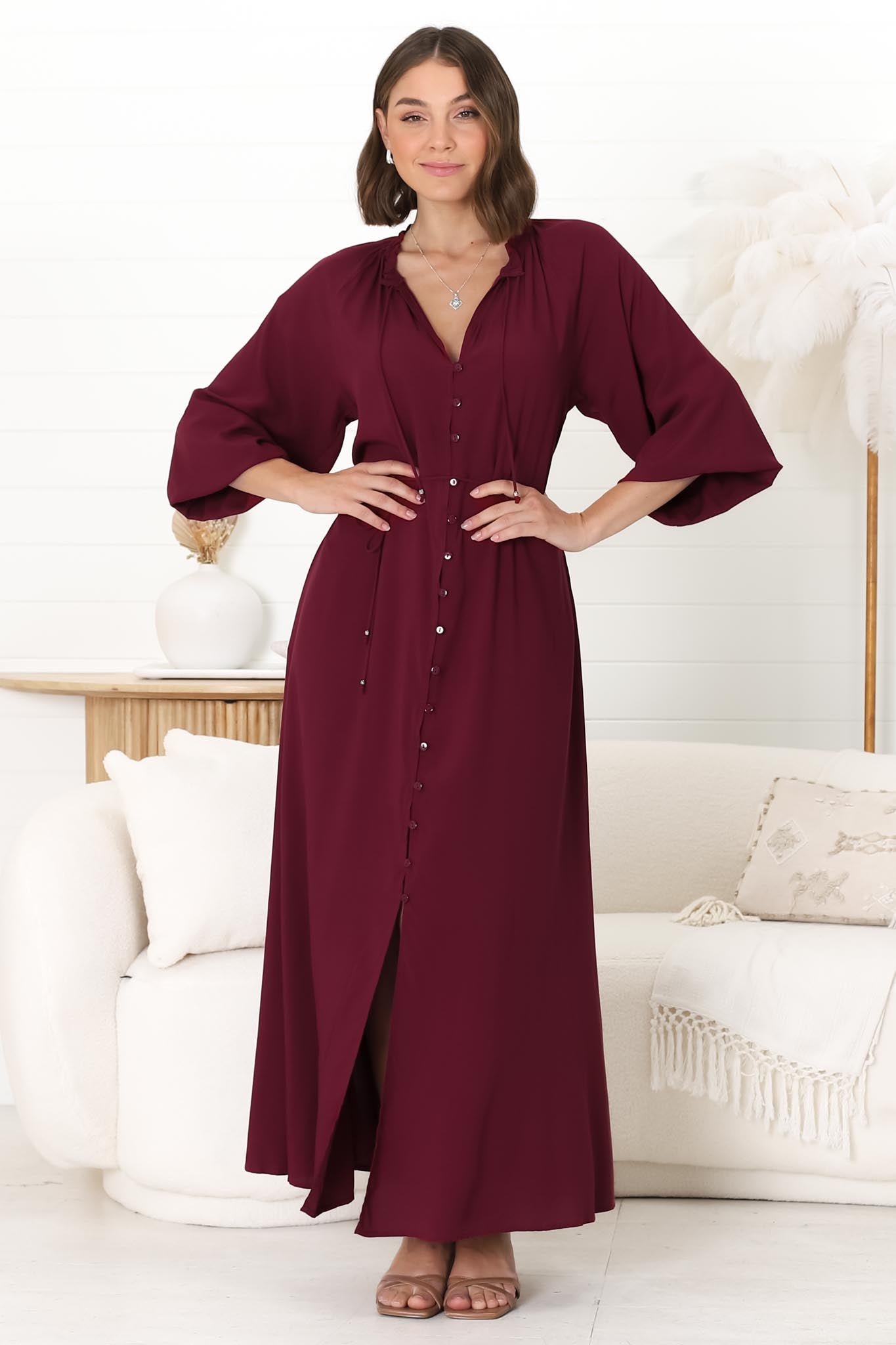 Amelie Maxi Dress - Frill Collar Button Through Dress with Waist Tie in Wine