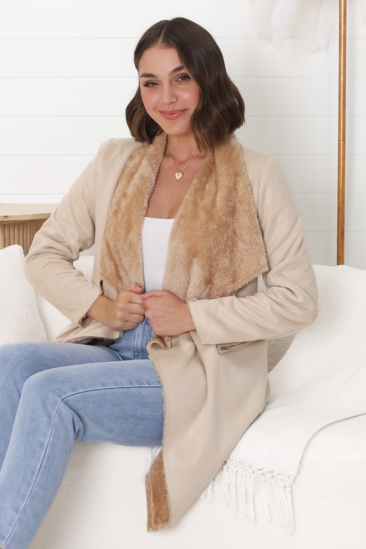 Devenish Jacket - Faux Fur Lined Suede-Like Waterfall Jacket in Beige