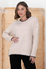 Kindra Jumper - Crew Neck Pull Over Jumper with Contrast Stitching in Oat Marle