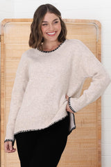 Kindra Jumper - Crew Neck Pull Over with Contrast Stitching in Oat Marle