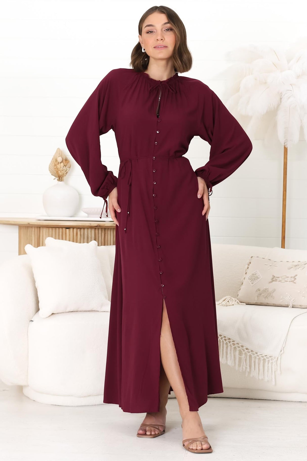 Amelie Maxi Dress - Frill Collar Button Through Dress with Waist Tie in Wine