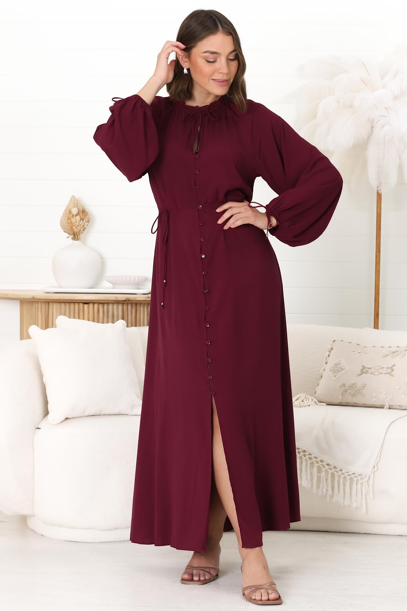 Amelie Maxi Dress - Frill Collar Button Through Dress with Waist Tie in Wine