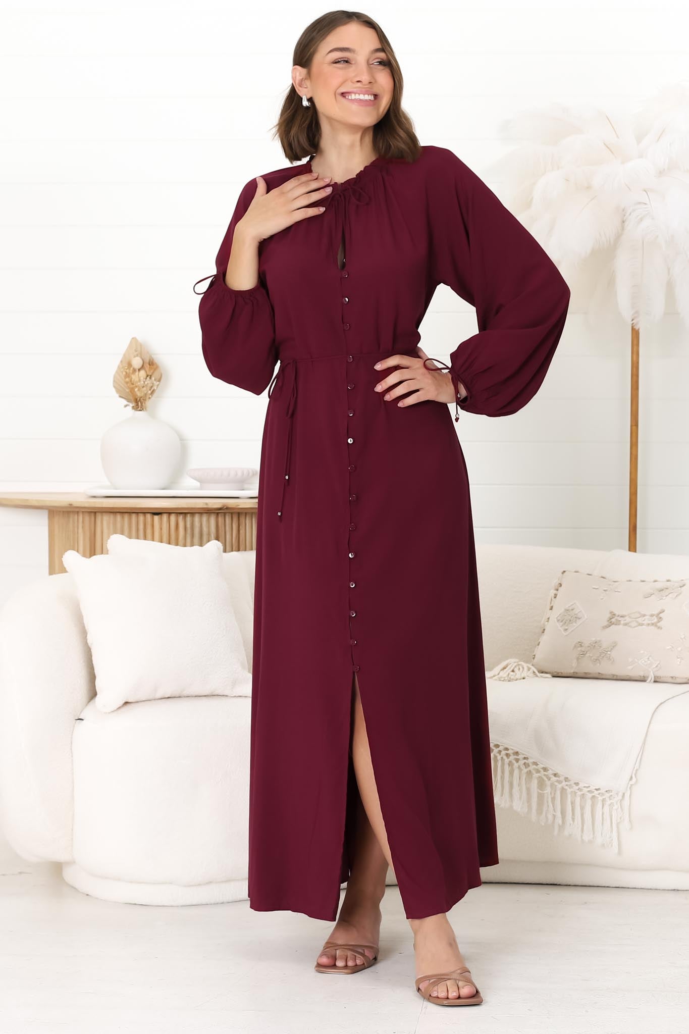 Amelie Maxi Dress - Frill Collar Button Through Dress with Waist Tie in Wine