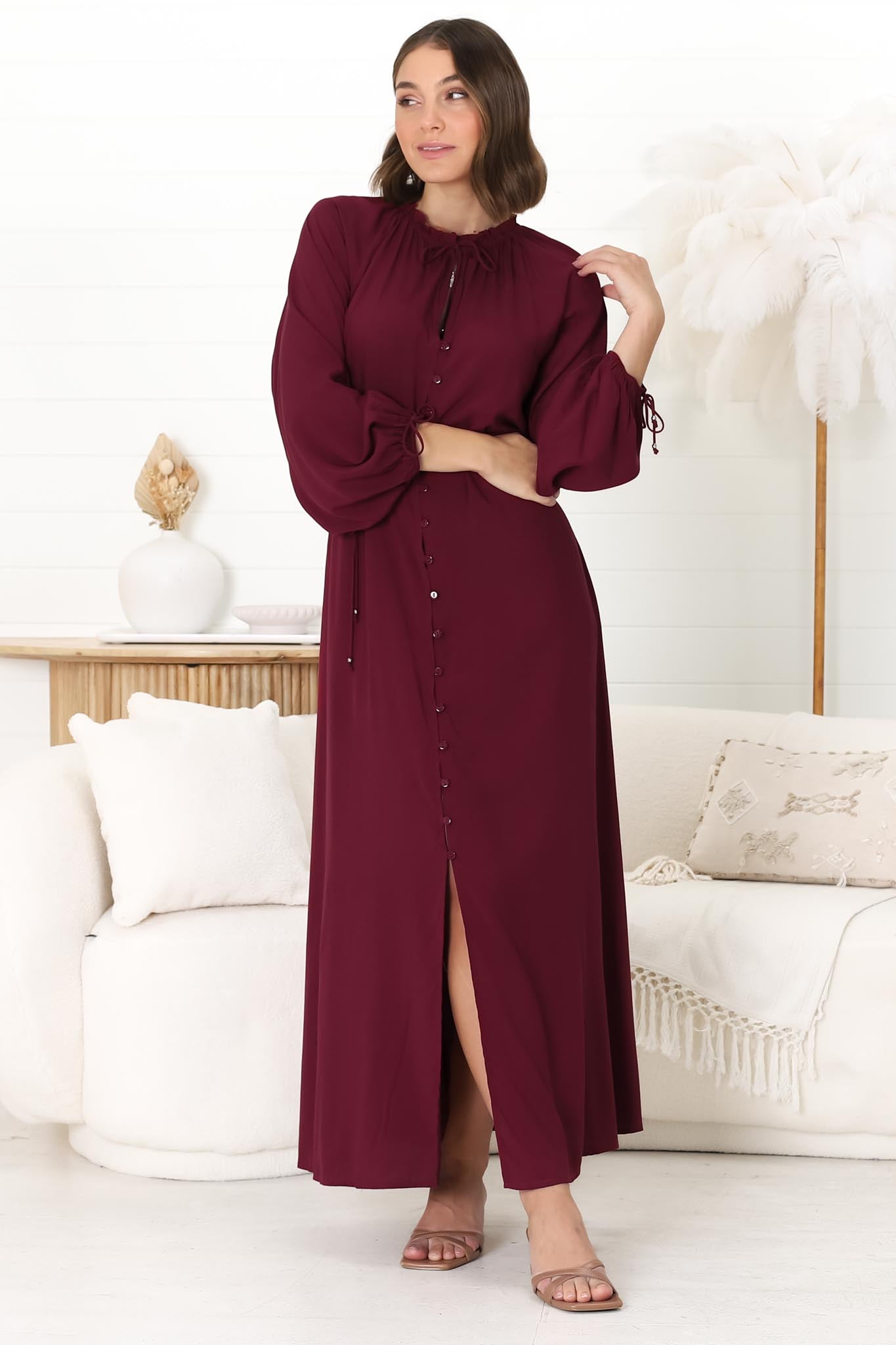 Amelie Maxi Dress - Frill Collar Button Through Dress with Waist Tie in Wine