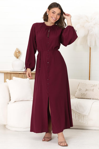 Amelie Maxi Dress - Frill Collar Button Through Dress with Waist Tie in Wine