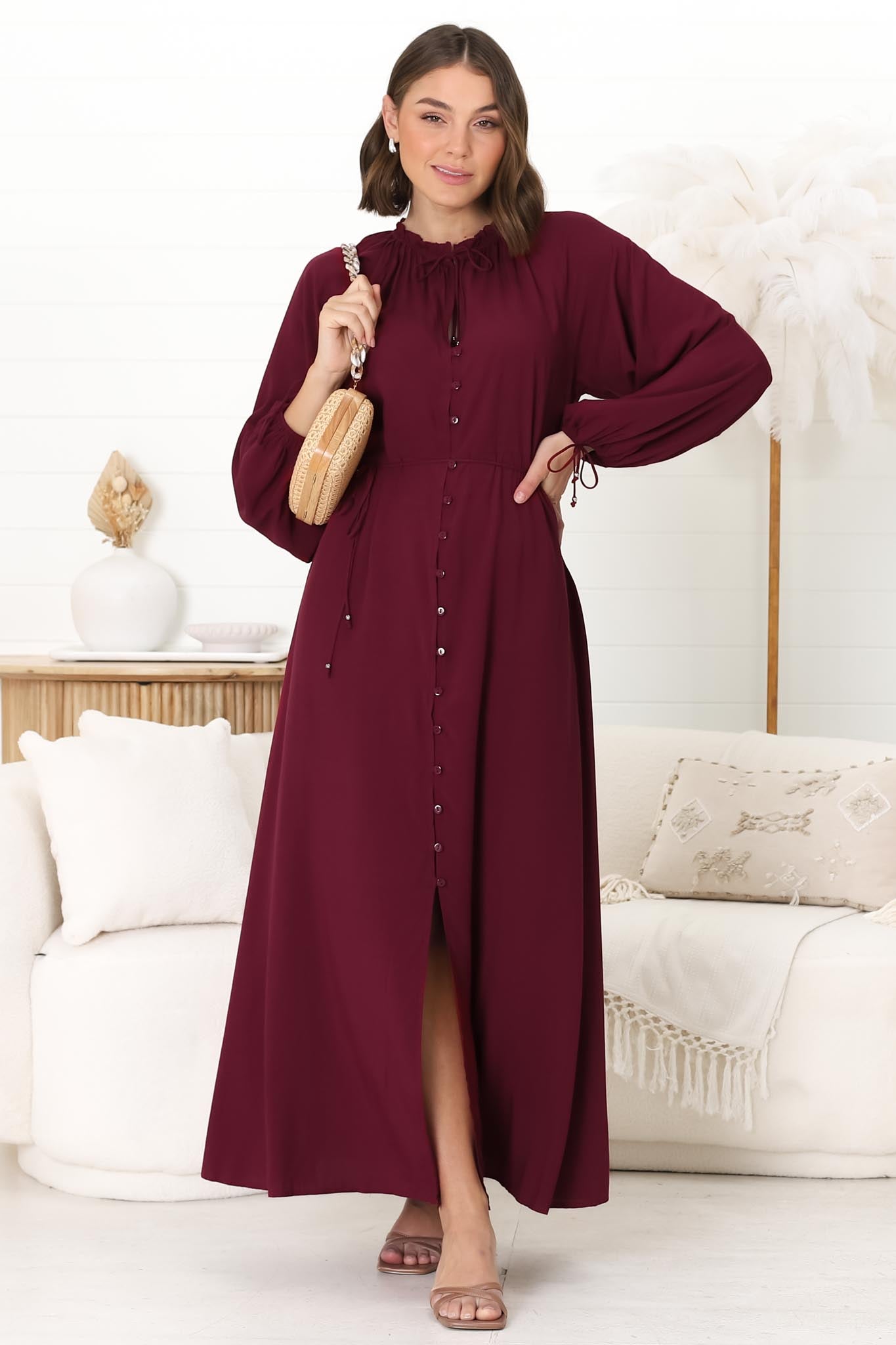 Amelie Maxi Dress - Frill Collar Button Through Dress with Waist Tie in Wine