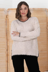 Kindra Jumper - Crew Neck Pull Over Jumper with Contrast Stitching in Oat Marle