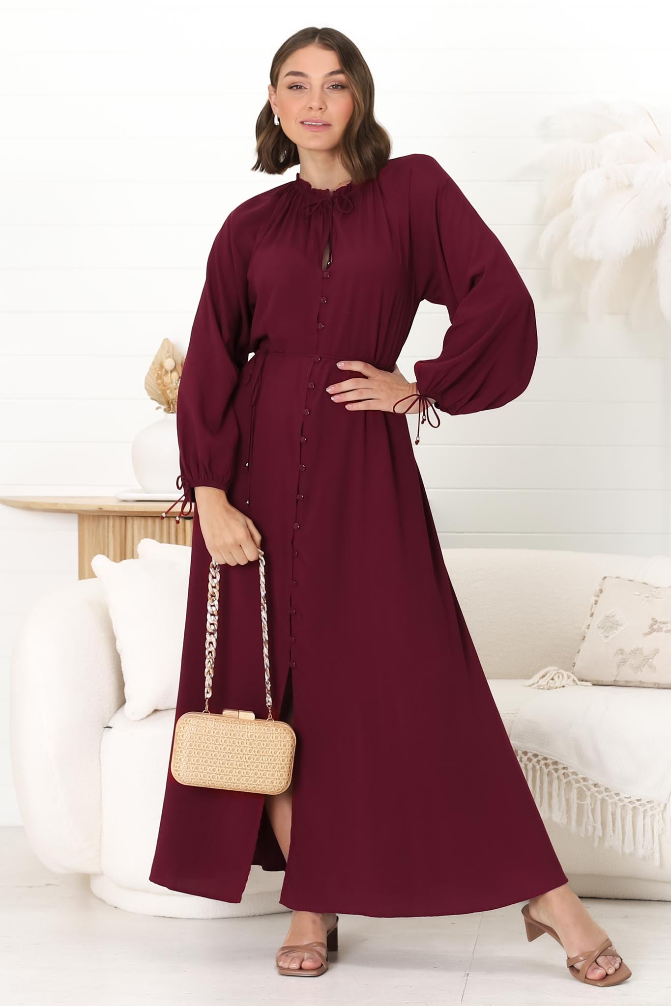 Amelie Maxi Dress - Frill Collar Button Through Dress with Waist Tie in Wine