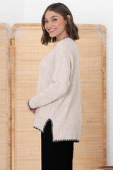 Kindra Jumper - Crew Neck Pull Over with Contrast Stitching in Oat Marle