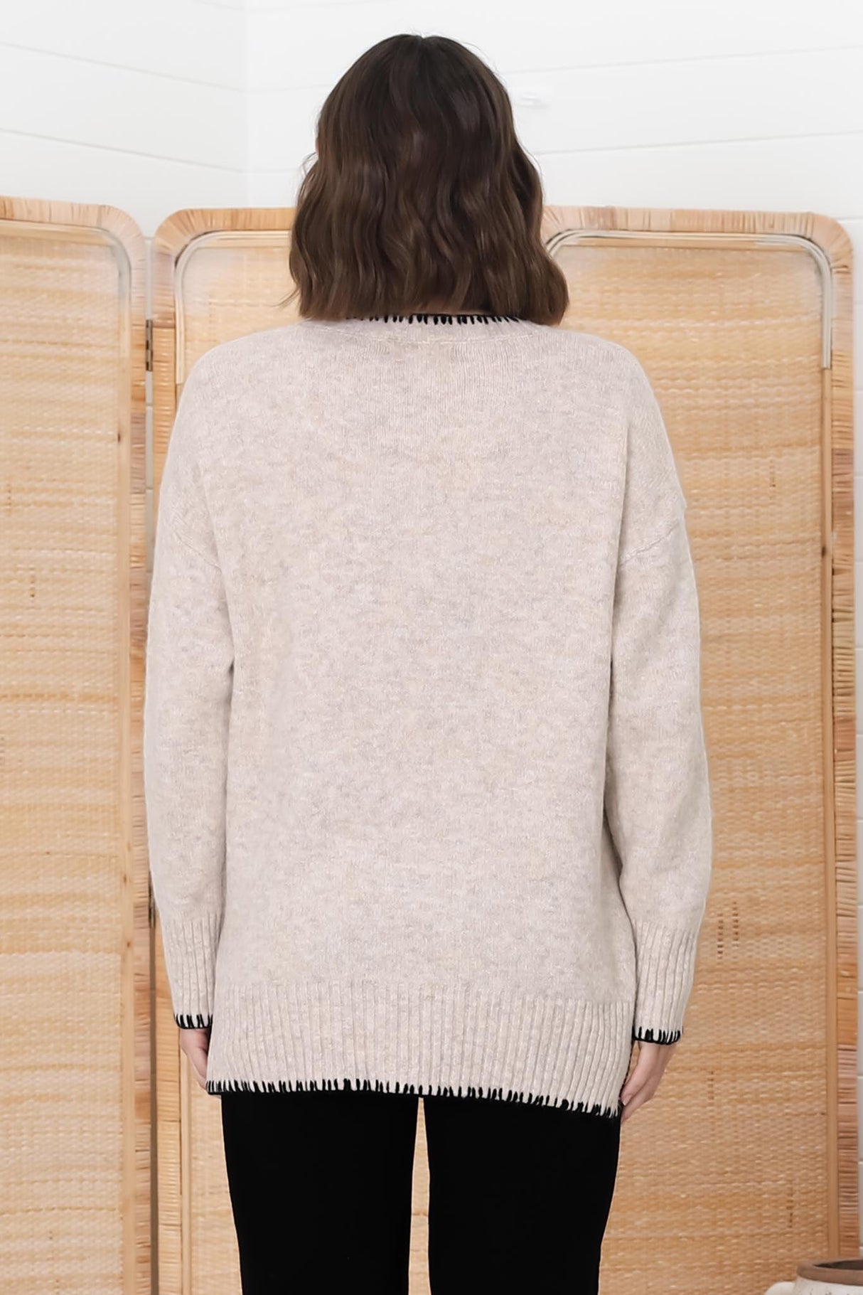 Kindra Jumper - Crew Neck Pull Over with Contrast Stitching in Oat Marle