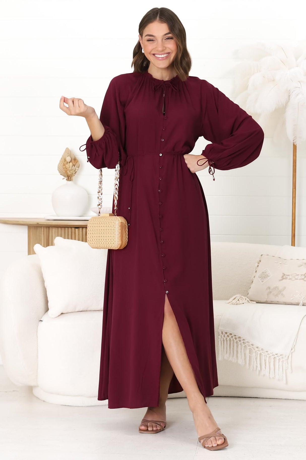 Amelie Maxi Dress - Frill Collar Button Through Dress with Waist Tie in Wine