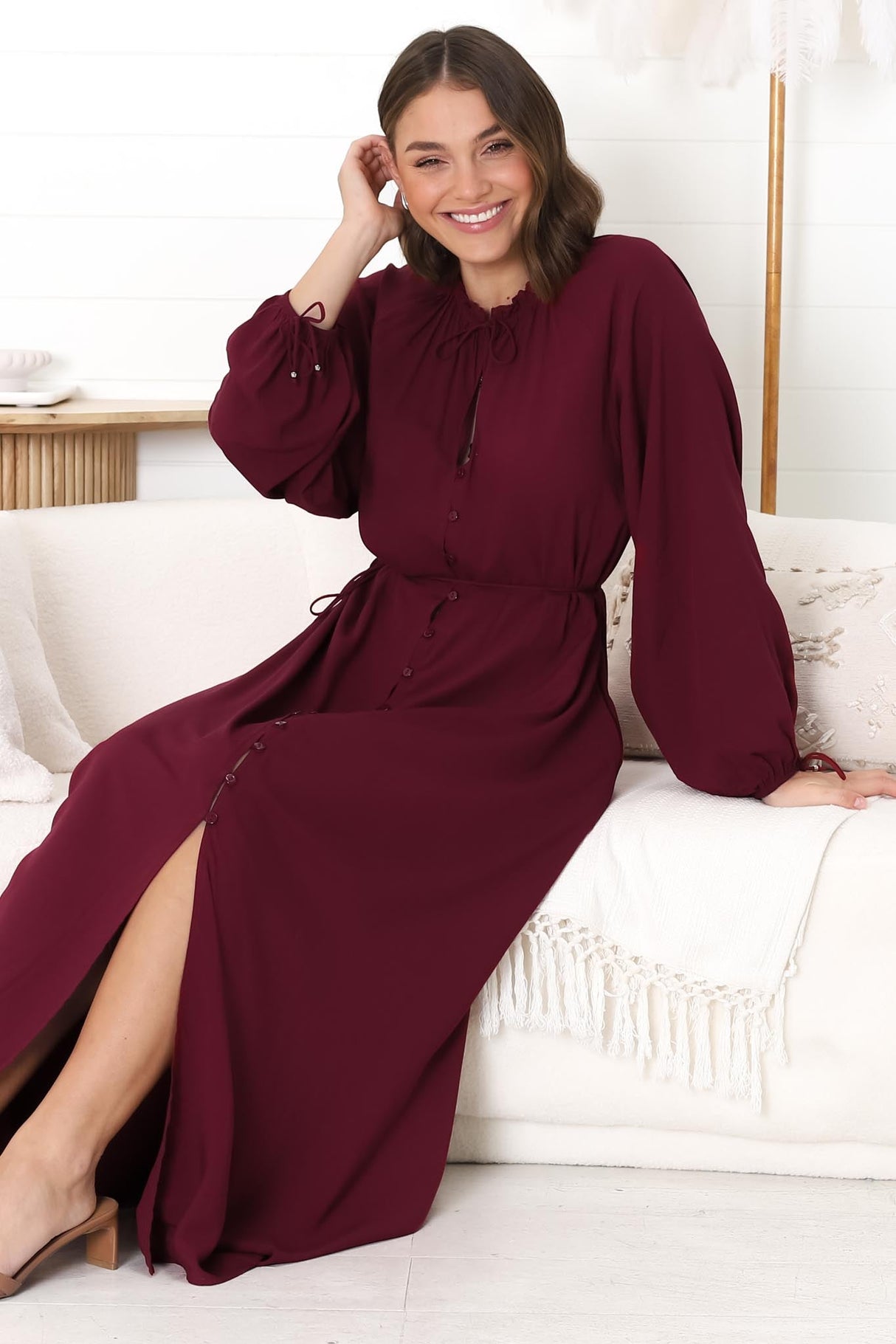 Amelie Maxi Dress - Frill Collar Button Through Dress with Waist Tie in Wine