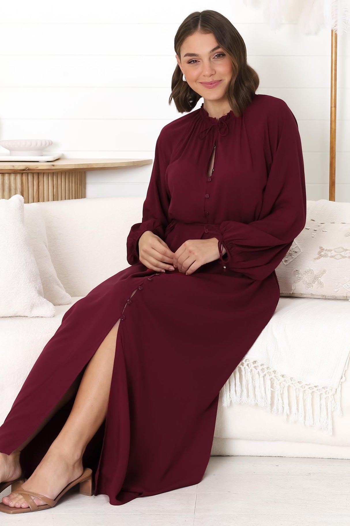 Amelie Maxi Dress - Frill Collar Button Through Dress with Waist Tie in Wine