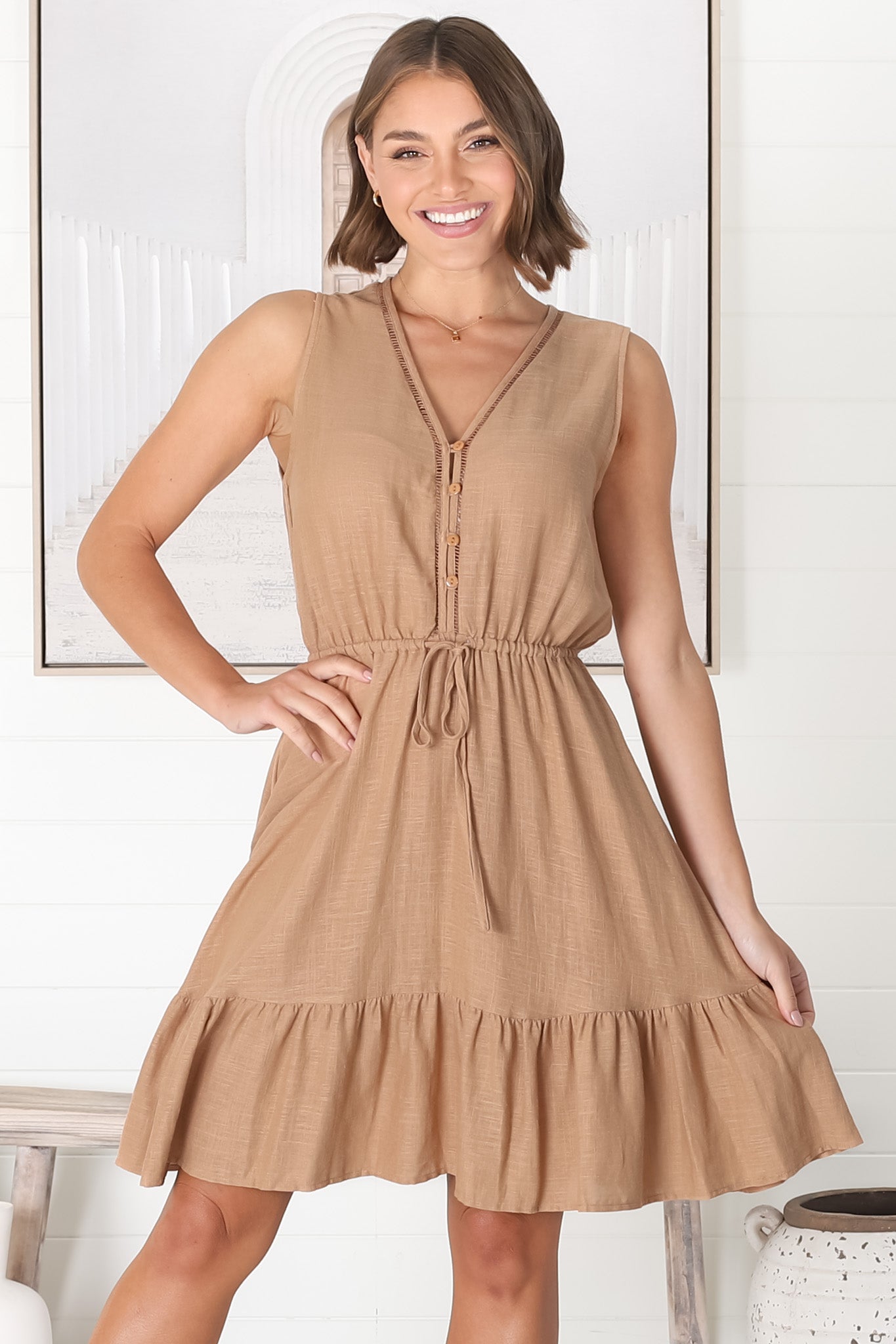 Cia Linen Mini Dress - Sleeveless Crochet Lattice Detail Pull Tie Waist Dress in Tan