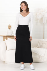 Granger Denim Maxi Skirt - High Waist Stretchy A-Line Skirt in Black