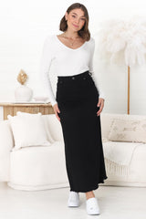 Granger Denim Maxi Skirt - High Waist Stretchy A-Line Skirt in Black