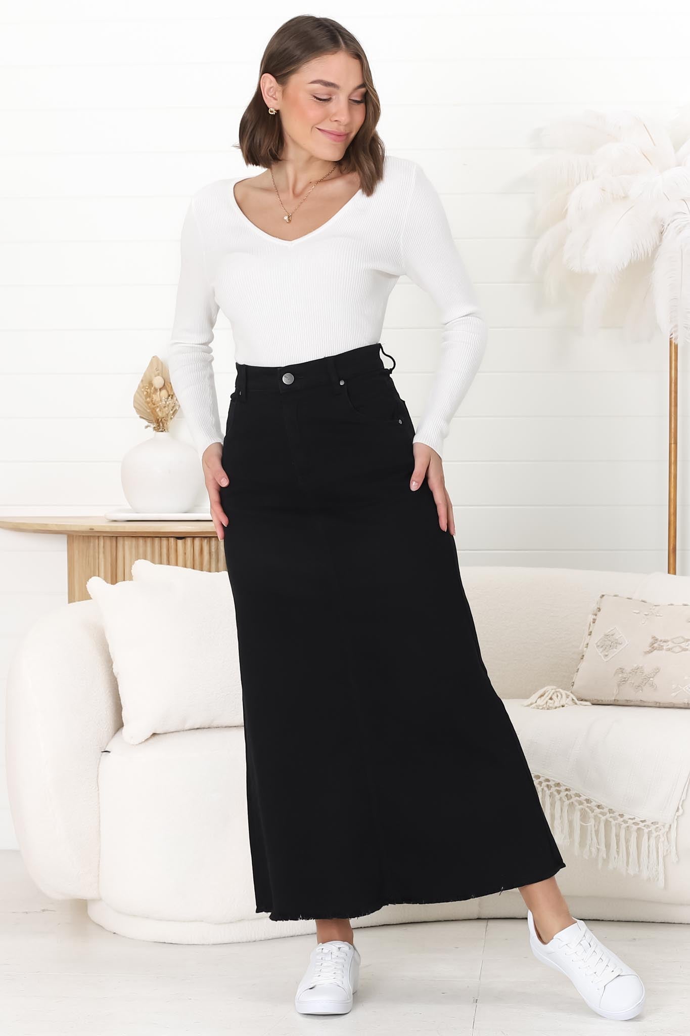 Granger Denim Maxi Skirt - High Waist Stretchy A-Line Skirt in Black