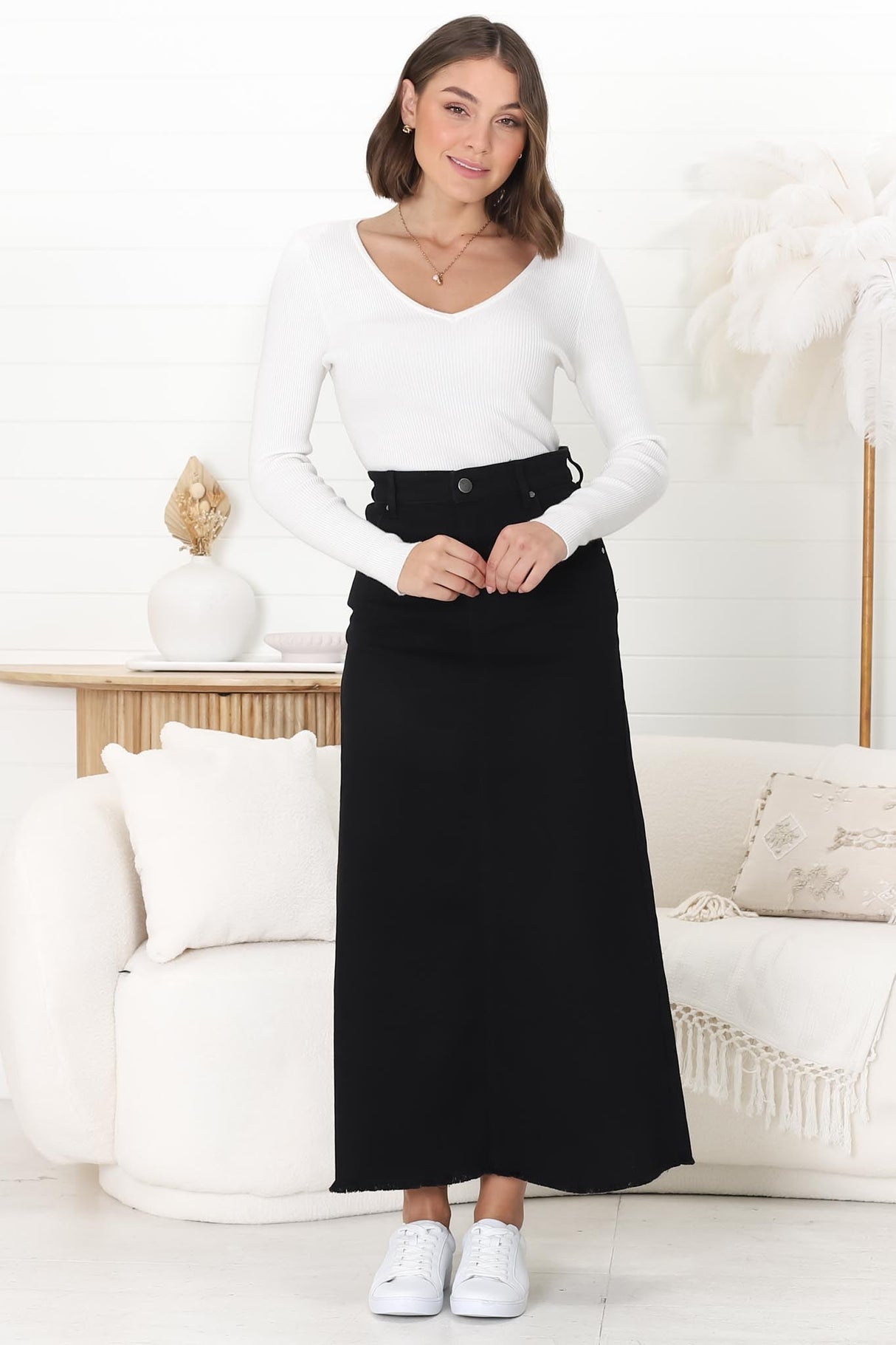 Granger Denim Maxi Skirt - High Waist Stretchy A-Line Skirt in Black