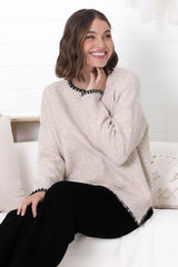 Kindra Jumper - Crew Neck Pull Over Jumper with Contrast Stitching in Oat Marle